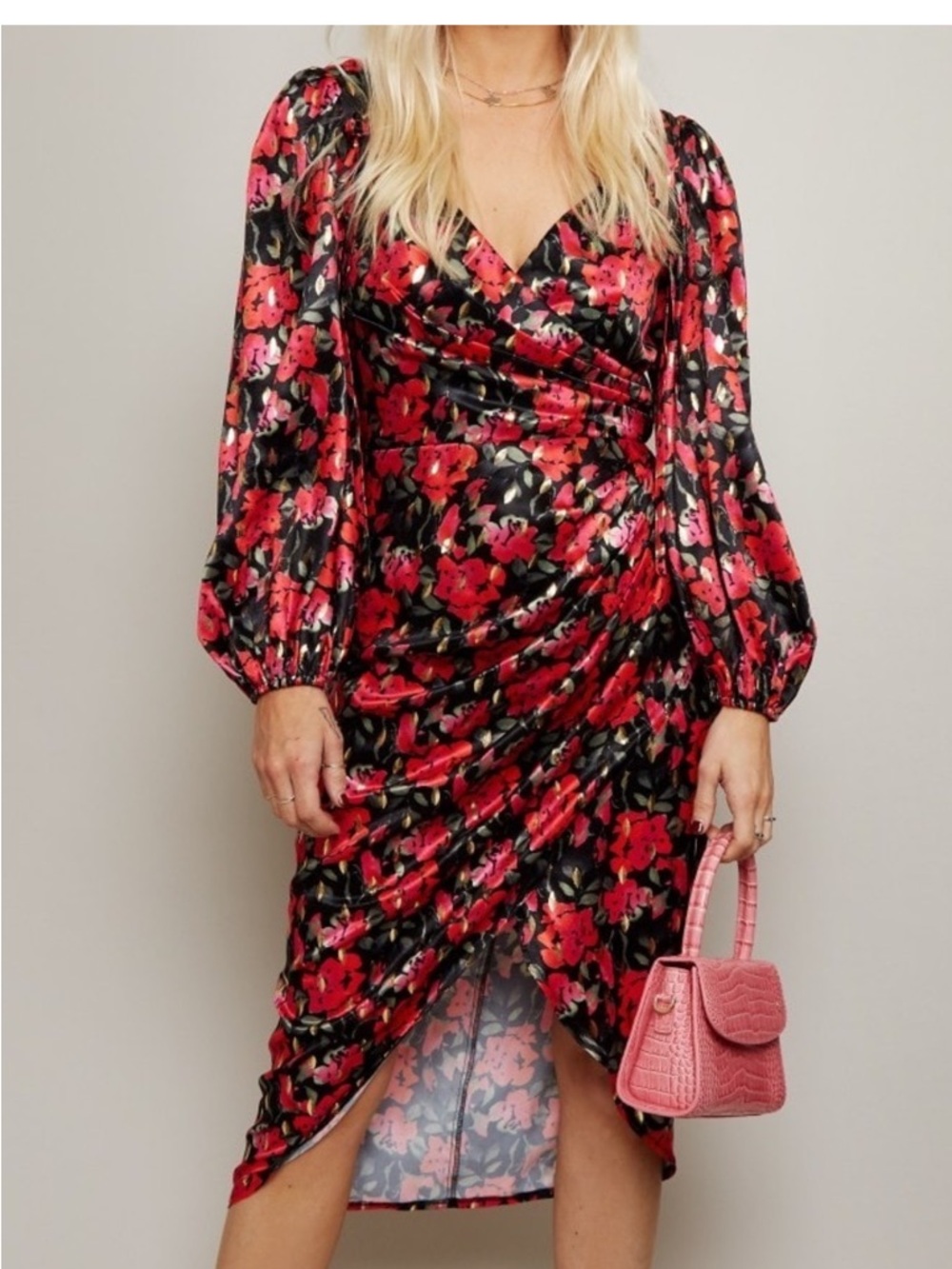 Modcloth Black Midi Dress with Red Floral Print